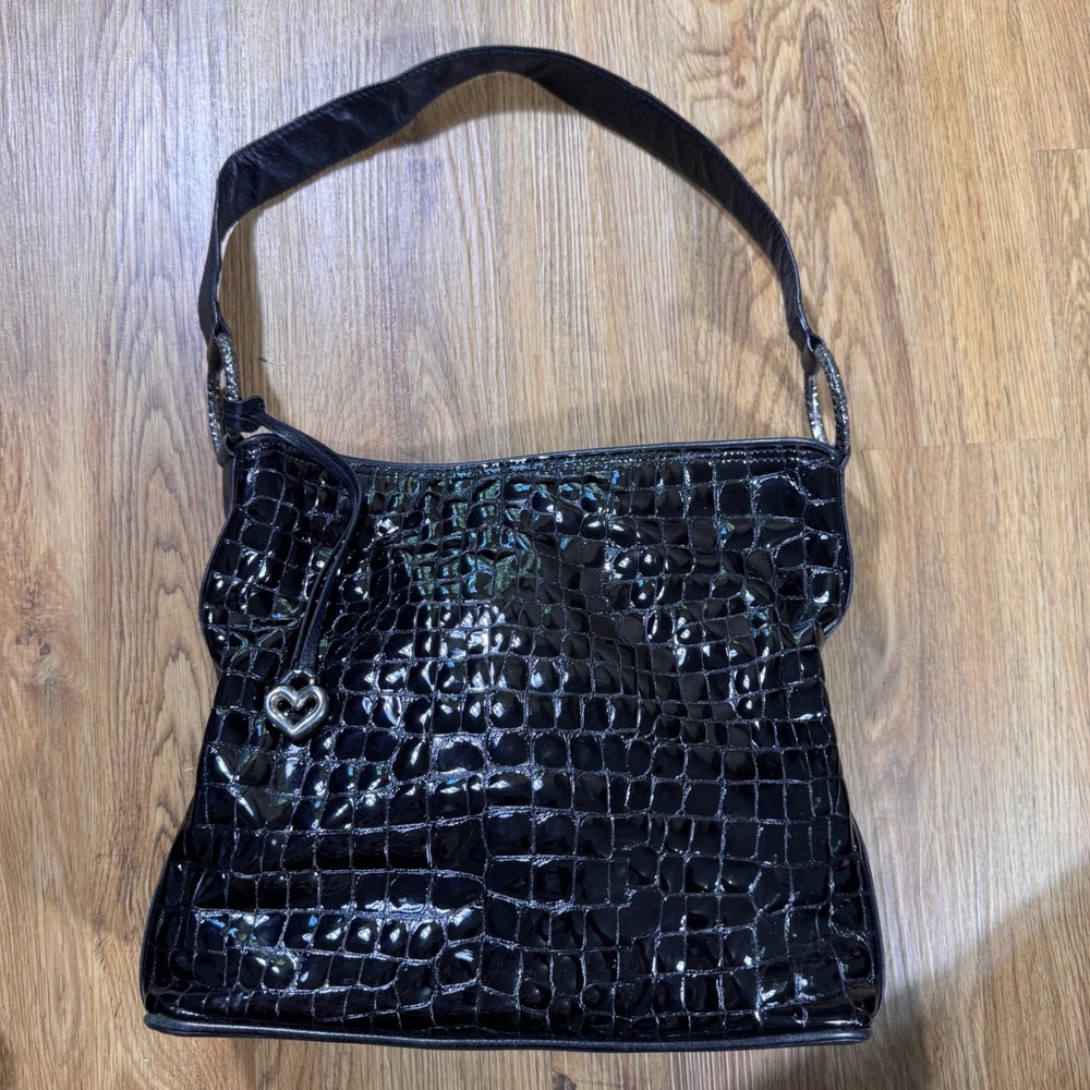 Brighton Black Patent Croc Embossed Leather Shoulder Bag Heart Charm E529260